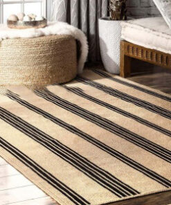 indian natural black strip scandinavian rug. pattern hemp jute rug. ivory & beige rug. handwoven rug. 100% natural rug