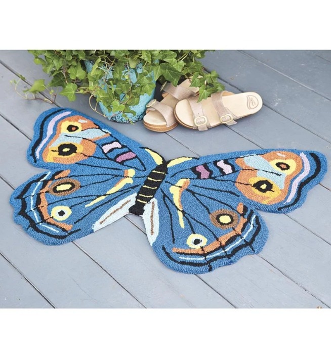 butterfly shaped washable hooked accent rug blue, green, red for kids room