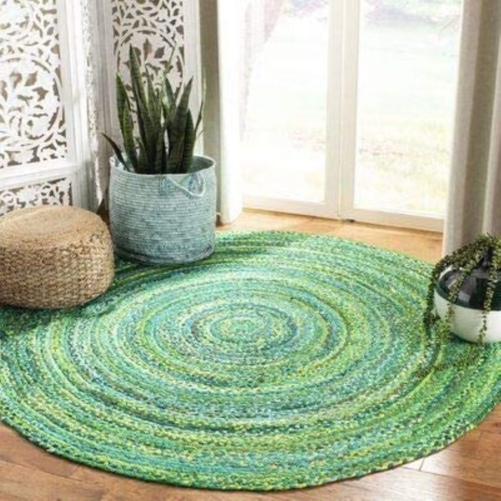 Green Cotton With Eco-Friendly Jute Rug - Rajasthan Rugs 6