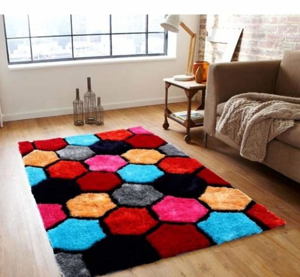 Hexagons Multi Beautiful Soft Shaggy Rug - Rajasthan Rugs 6