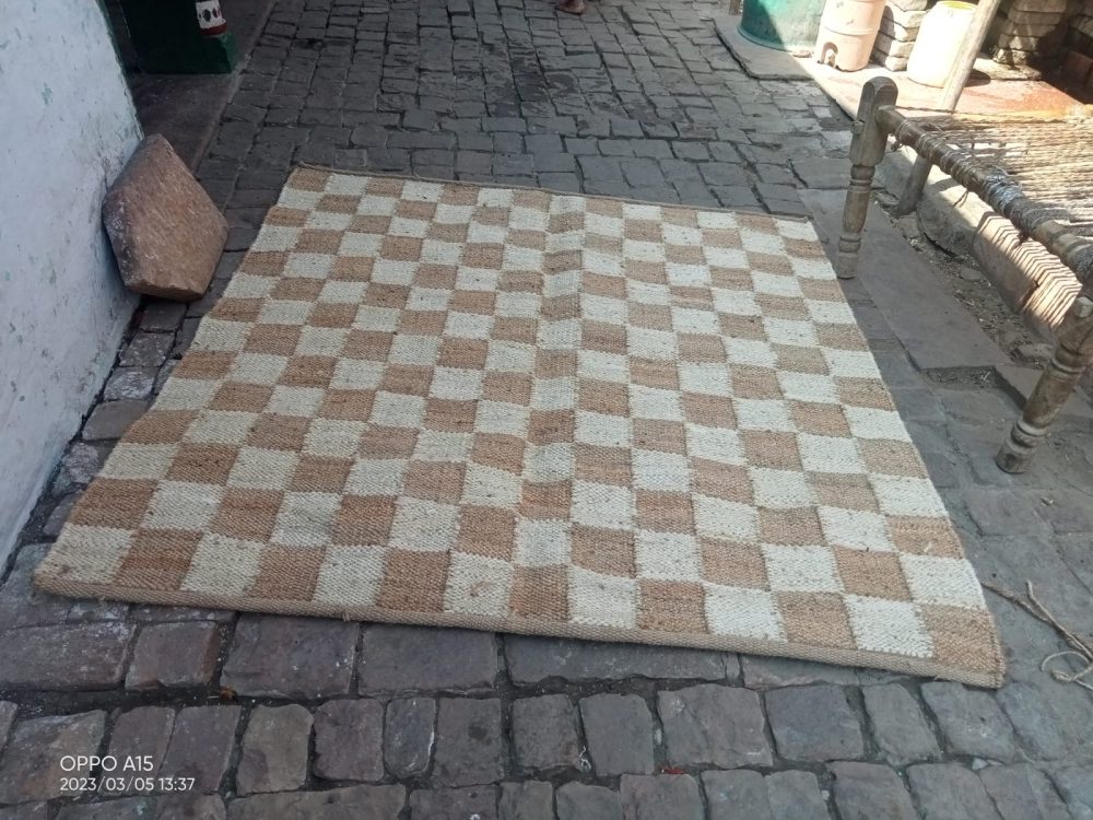 Jute Cream Checkered Rug, Home Décor Area Rug, Jute Rug Runner, Natural Grid Rugs - Rajasthan Rugs 6